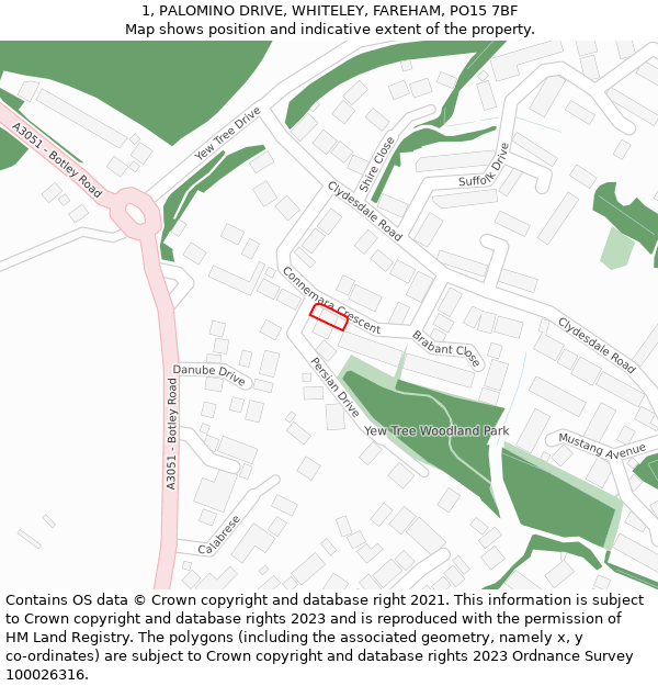 1, PALOMINO DRIVE, WHITELEY, FAREHAM, PO15 7BF: Location map and indicative extent of plot