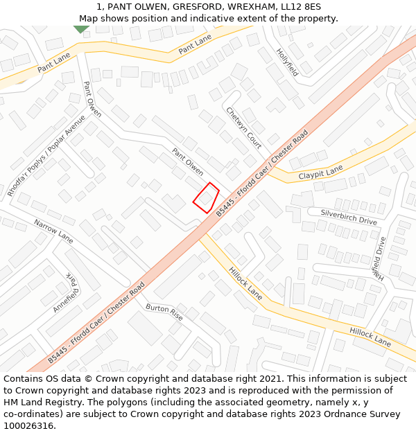 1, PANT OLWEN, GRESFORD, WREXHAM, LL12 8ES: Location map and indicative extent of plot