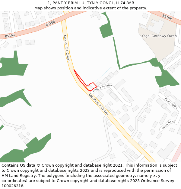 1, PANT Y BRIALLU, TYN-Y-GONGL, LL74 8AB: Location map and indicative extent of plot