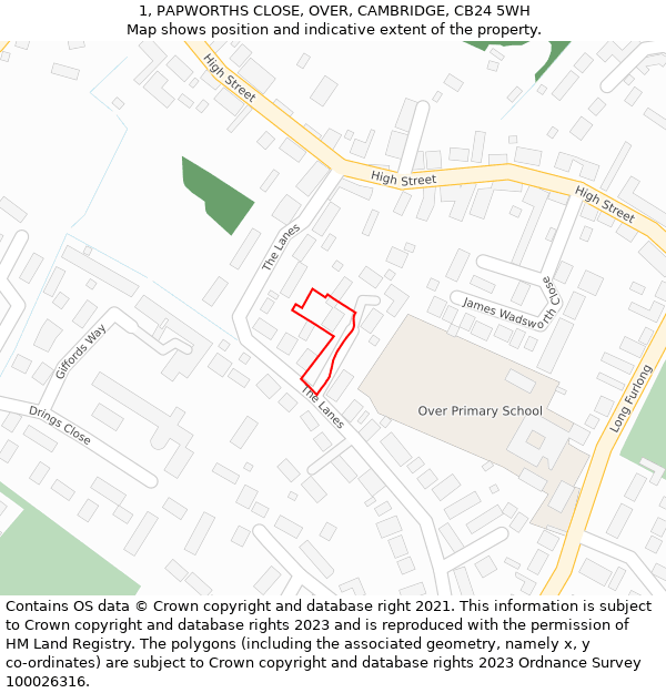 1, PAPWORTHS CLOSE, OVER, CAMBRIDGE, CB24 5WH: Location map and indicative extent of plot
