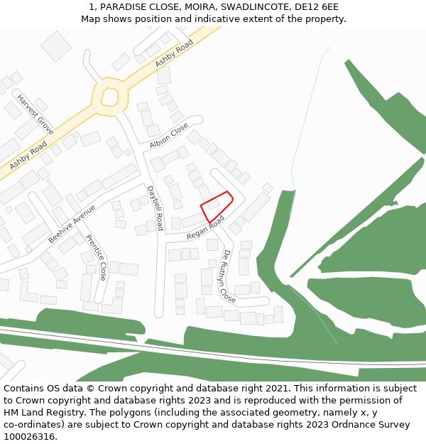 1, PARADISE CLOSE, MOIRA, SWADLINCOTE, DE12 6EE: Location map and indicative extent of plot