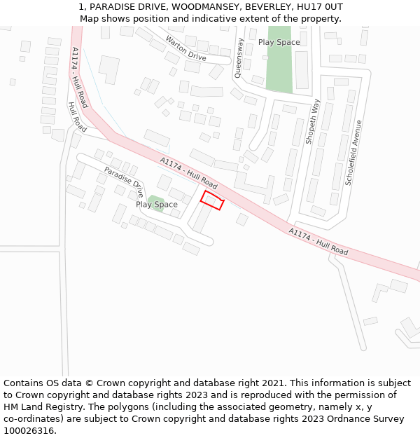 1, PARADISE DRIVE, WOODMANSEY, BEVERLEY, HU17 0UT: Location map and indicative extent of plot