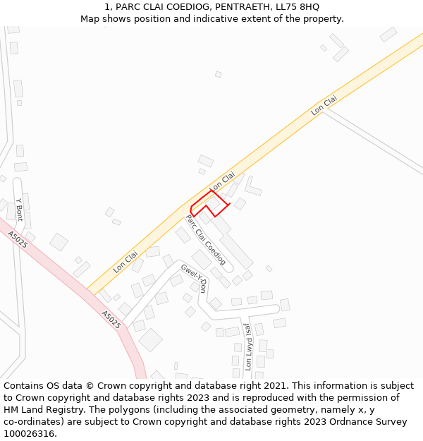 1, PARC CLAI COEDIOG, PENTRAETH, LL75 8HQ: Location map and indicative extent of plot