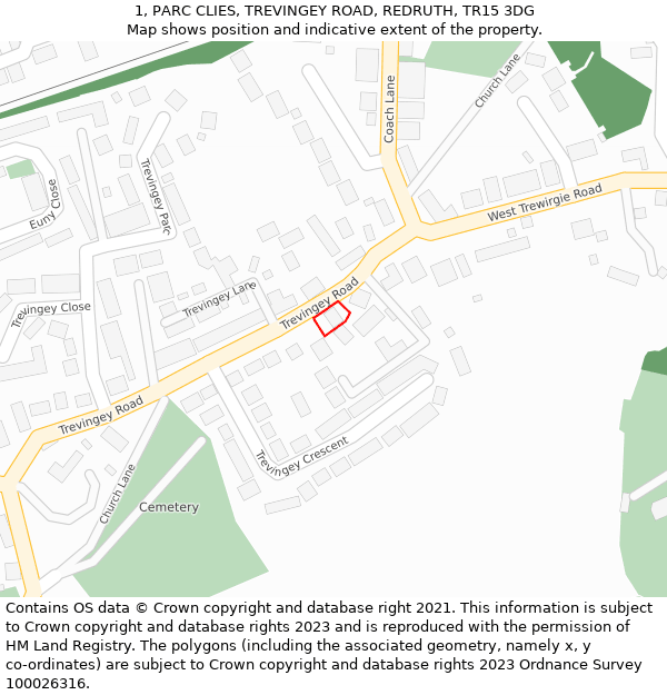 1, PARC CLIES, TREVINGEY ROAD, REDRUTH, TR15 3DG: Location map and indicative extent of plot