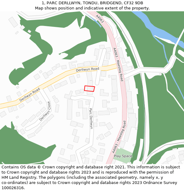 1, PARC DERLLWYN, TONDU, BRIDGEND, CF32 9DB: Location map and indicative extent of plot
