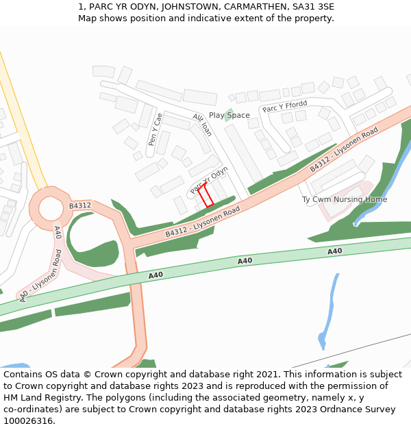 1, PARC YR ODYN, JOHNSTOWN, CARMARTHEN, SA31 3SE: Location map and indicative extent of plot