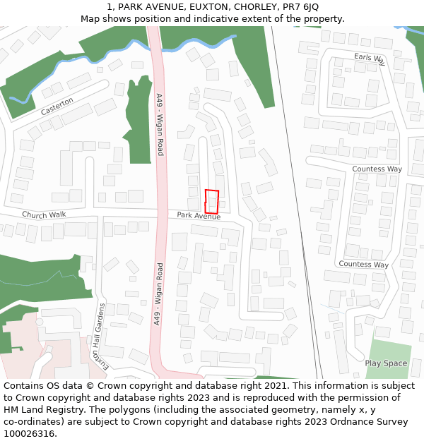 1, PARK AVENUE, EUXTON, CHORLEY, PR7 6JQ: Location map and indicative extent of plot