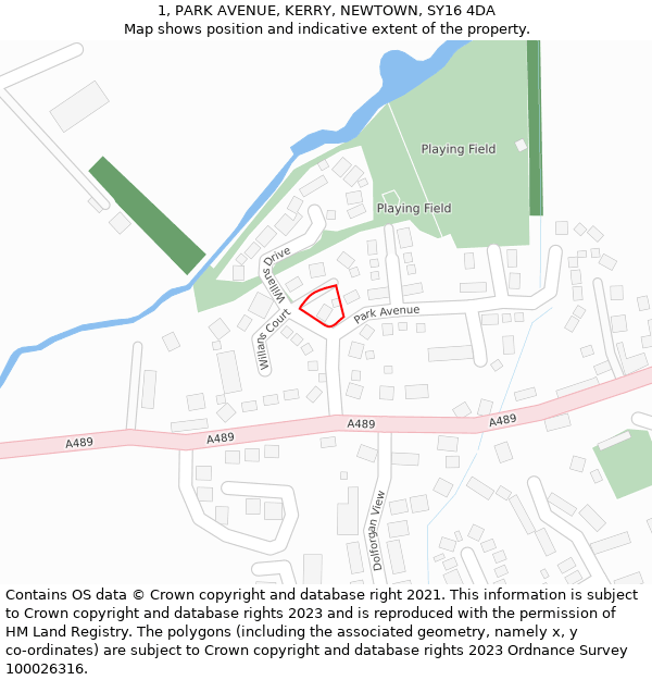 1, PARK AVENUE, KERRY, NEWTOWN, SY16 4DA: Location map and indicative extent of plot