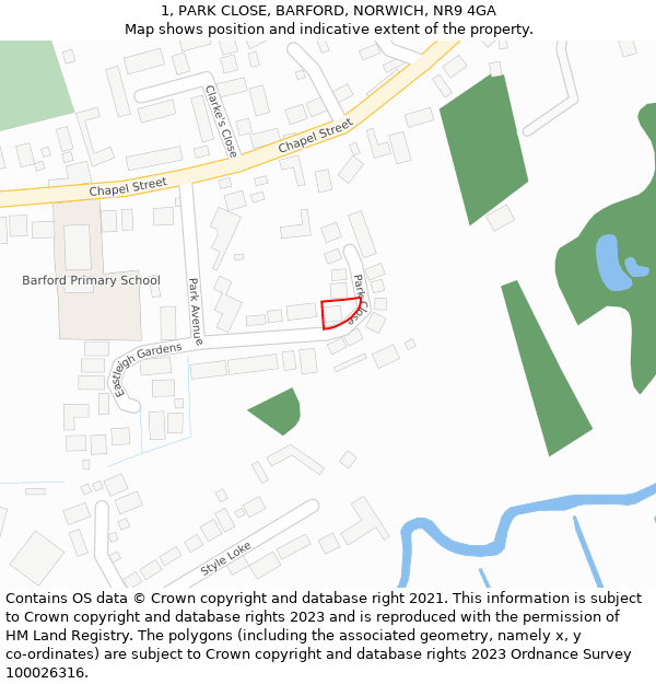 1, PARK CLOSE, BARFORD, NORWICH, NR9 4GA: Location map and indicative extent of plot
