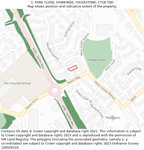 1, PARK CLOSE, HAWKINGE, FOLKESTONE, CT18 7QD: Location map and indicative extent of plot