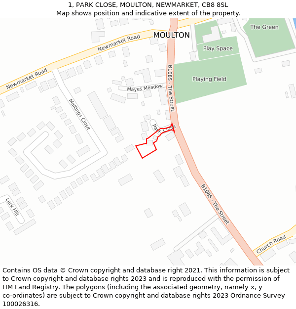 1, PARK CLOSE, MOULTON, NEWMARKET, CB8 8SL: Location map and indicative extent of plot