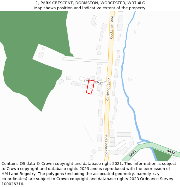 1, PARK CRESCENT, DORMSTON, WORCESTER, WR7 4LG: Location map and indicative extent of plot