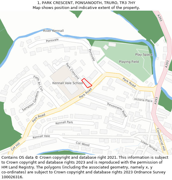 1, PARK CRESCENT, PONSANOOTH, TRURO, TR3 7HY: Location map and indicative extent of plot