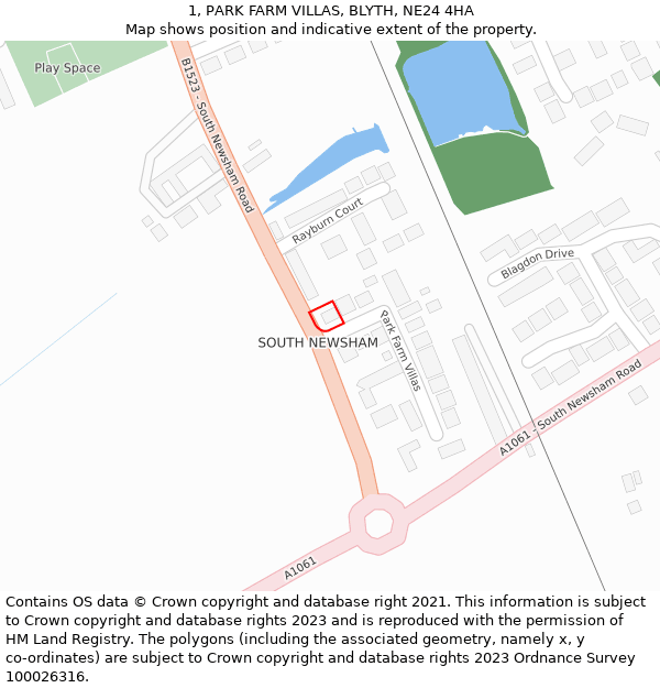 1, PARK FARM VILLAS, BLYTH, NE24 4HA: Location map and indicative extent of plot