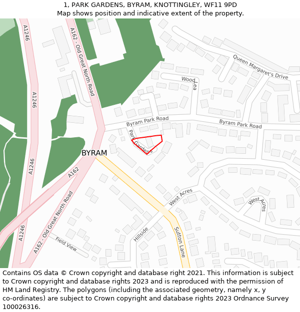 1, PARK GARDENS, BYRAM, KNOTTINGLEY, WF11 9PD: Location map and indicative extent of plot