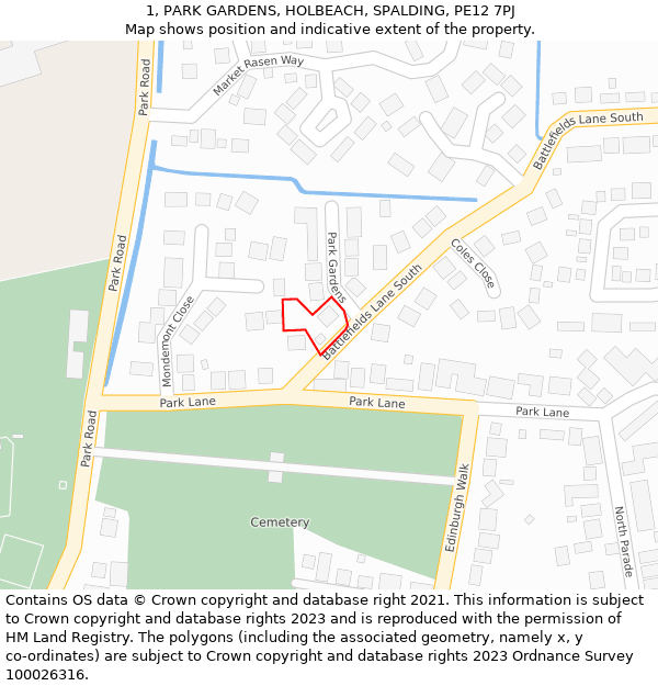 1, PARK GARDENS, HOLBEACH, SPALDING, PE12 7PJ: Location map and indicative extent of plot