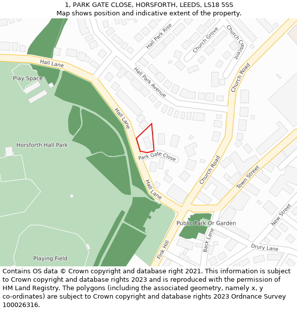 1, PARK GATE CLOSE, HORSFORTH, LEEDS, LS18 5SS: Location map and indicative extent of plot