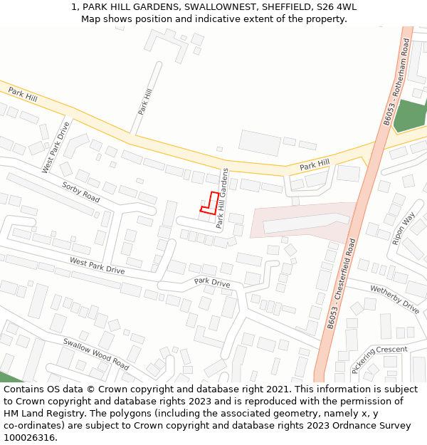 1, PARK HILL GARDENS, SWALLOWNEST, SHEFFIELD, S26 4WL: Location map and indicative extent of plot