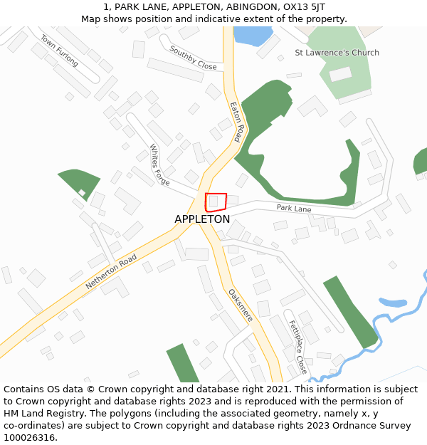 1, PARK LANE, APPLETON, ABINGDON, OX13 5JT: Location map and indicative extent of plot