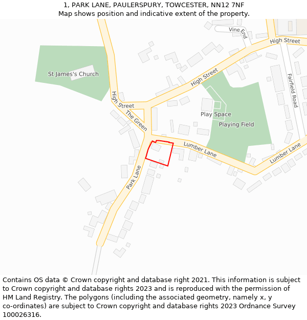 1, PARK LANE, PAULERSPURY, TOWCESTER, NN12 7NF: Location map and indicative extent of plot