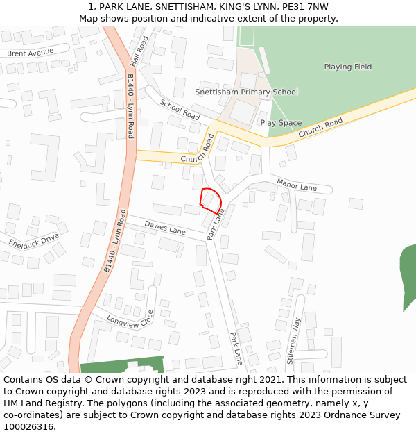 1, PARK LANE, SNETTISHAM, KING'S LYNN, PE31 7NW: Location map and indicative extent of plot