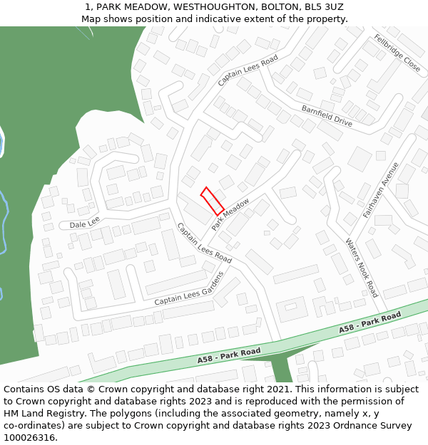 1, PARK MEADOW, WESTHOUGHTON, BOLTON, BL5 3UZ: Location map and indicative extent of plot