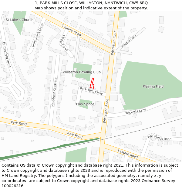 1, PARK MILLS CLOSE, WILLASTON, NANTWICH, CW5 6RQ: Location map and indicative extent of plot