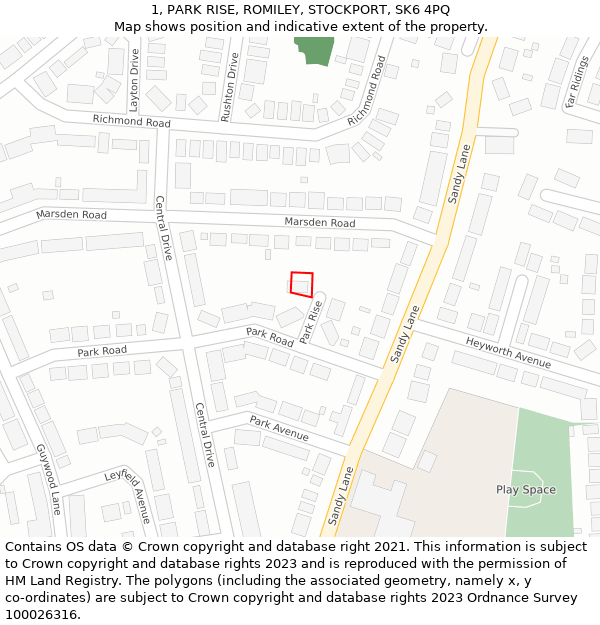 1, PARK RISE, ROMILEY, STOCKPORT, SK6 4PQ: Location map and indicative extent of plot