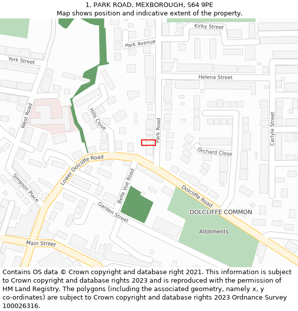 1, PARK ROAD, MEXBOROUGH, S64 9PE: Location map and indicative extent of plot