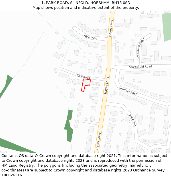 1, PARK ROAD, SLINFOLD, HORSHAM, RH13 0SD: Location map and indicative extent of plot