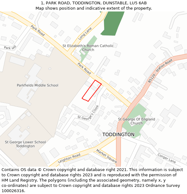 1, PARK ROAD, TODDINGTON, DUNSTABLE, LU5 6AB: Location map and indicative extent of plot