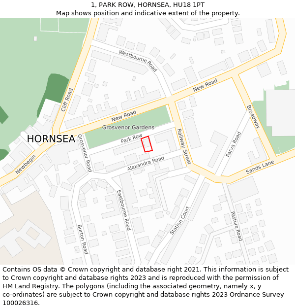 1, PARK ROW, HORNSEA, HU18 1PT: Location map and indicative extent of plot