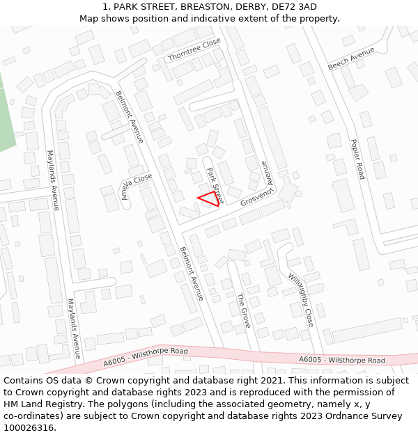 1, PARK STREET, BREASTON, DERBY, DE72 3AD: Location map and indicative extent of plot