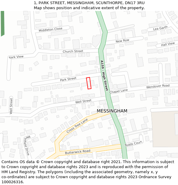 1, PARK STREET, MESSINGHAM, SCUNTHORPE, DN17 3RU: Location map and indicative extent of plot