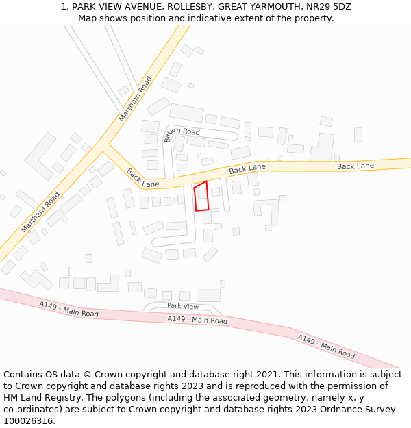 1, PARK VIEW AVENUE, ROLLESBY, GREAT YARMOUTH, NR29 5DZ: Location map and indicative extent of plot