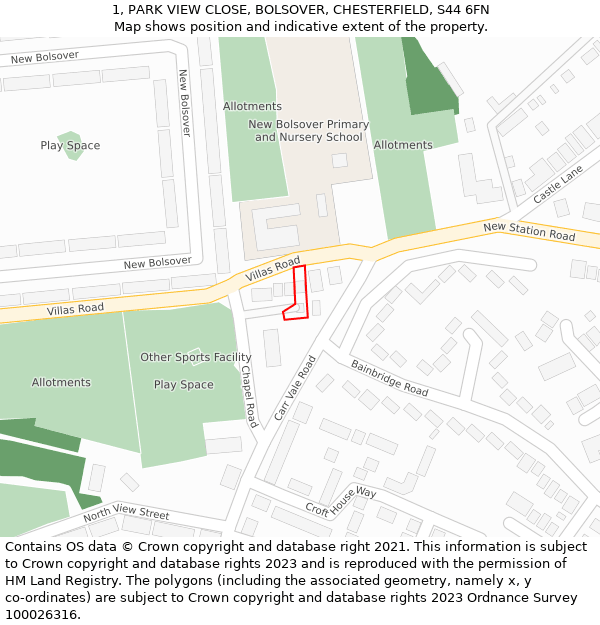 1, PARK VIEW CLOSE, BOLSOVER, CHESTERFIELD, S44 6FN: Location map and indicative extent of plot