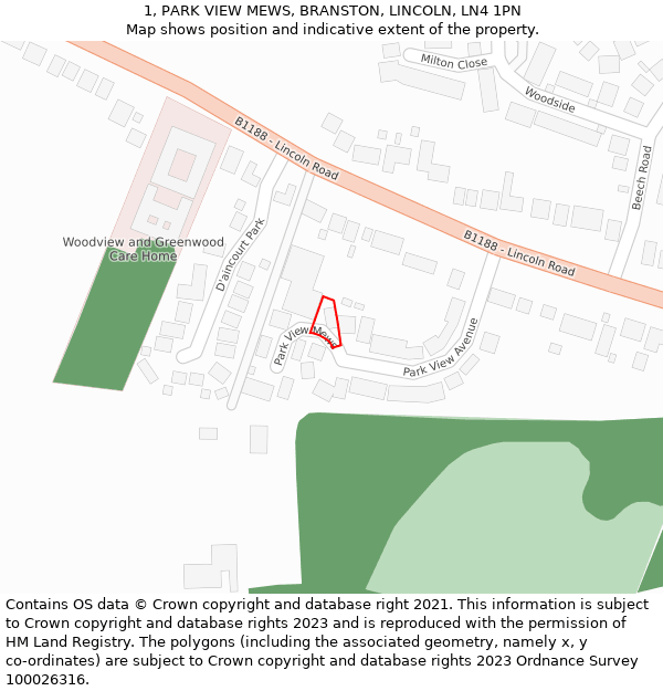 1, PARK VIEW MEWS, BRANSTON, LINCOLN, LN4 1PN: Location map and indicative extent of plot