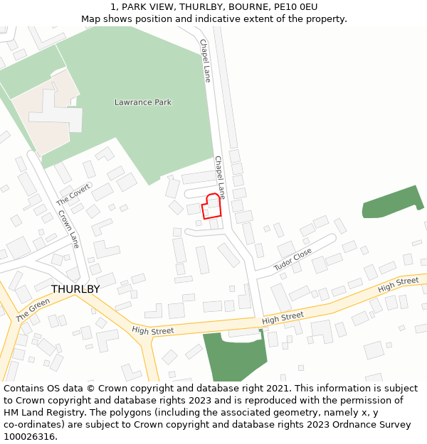1, PARK VIEW, THURLBY, BOURNE, PE10 0EU: Location map and indicative extent of plot