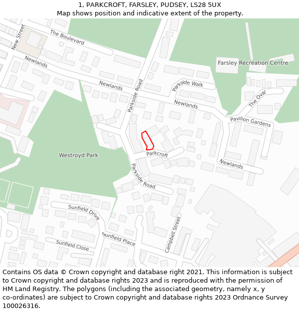 1, PARKCROFT, FARSLEY, PUDSEY, LS28 5UX: Location map and indicative extent of plot