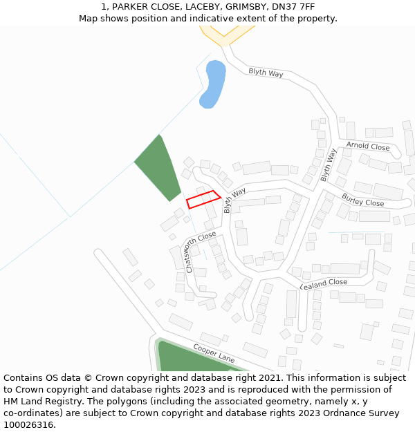 1, PARKER CLOSE, LACEBY, GRIMSBY, DN37 7FF: Location map and indicative extent of plot