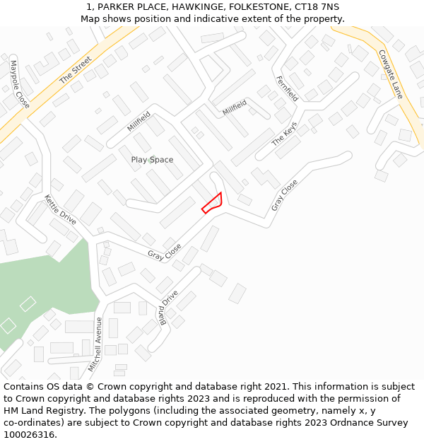 1, PARKER PLACE, HAWKINGE, FOLKESTONE, CT18 7NS: Location map and indicative extent of plot