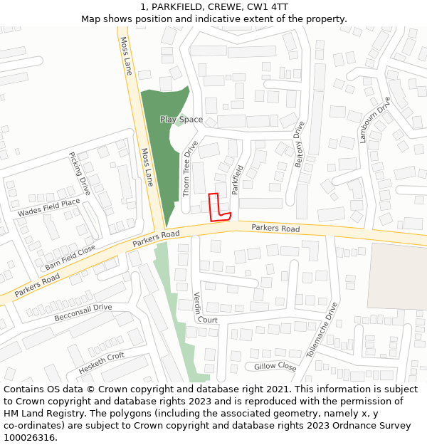 1, PARKFIELD, CREWE, CW1 4TT: Location map and indicative extent of plot