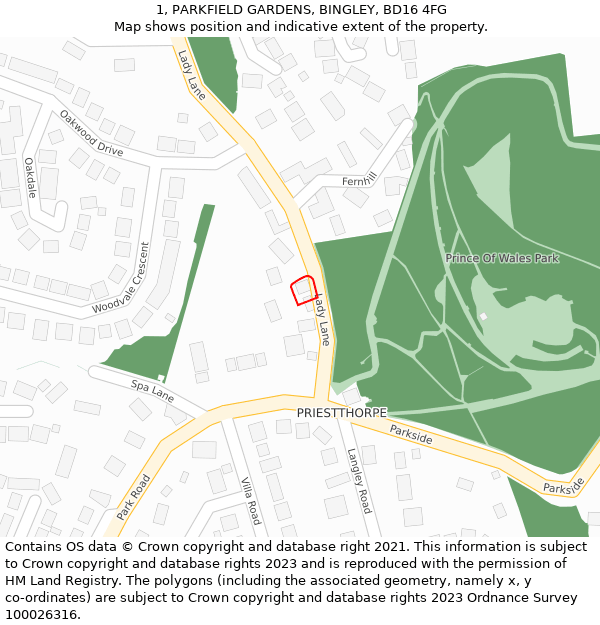 1, PARKFIELD GARDENS, BINGLEY, BD16 4FG: Location map and indicative extent of plot