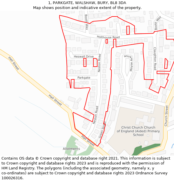 1, PARKGATE, WALSHAW, BURY, BL8 3DA: Location map and indicative extent of plot