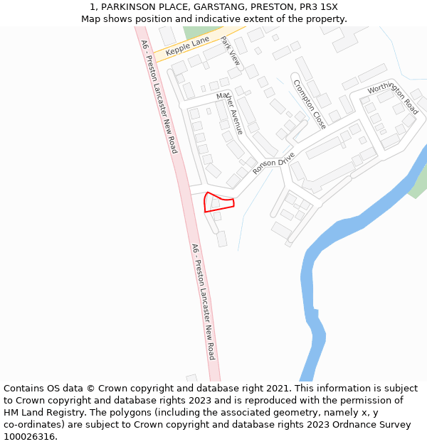 1, PARKINSON PLACE, GARSTANG, PRESTON, PR3 1SX: Location map and indicative extent of plot