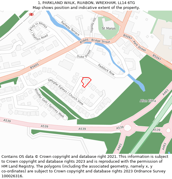 1, PARKLAND WALK, RUABON, WREXHAM, LL14 6TG: Location map and indicative extent of plot