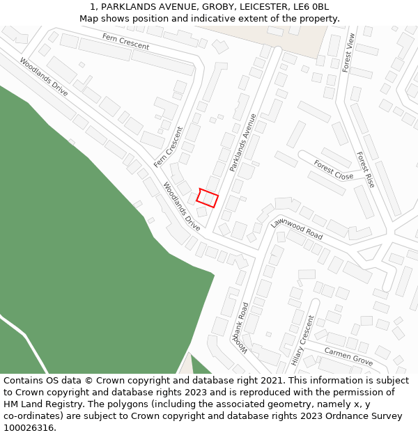 1, PARKLANDS AVENUE, GROBY, LEICESTER, LE6 0BL: Location map and indicative extent of plot