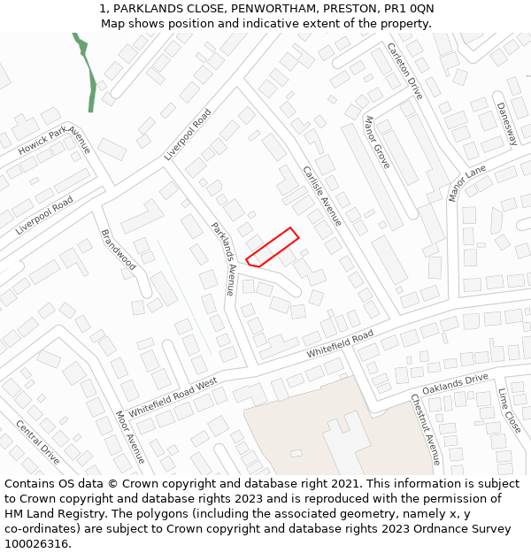 1, PARKLANDS CLOSE, PENWORTHAM, PRESTON, PR1 0QN: Location map and indicative extent of plot