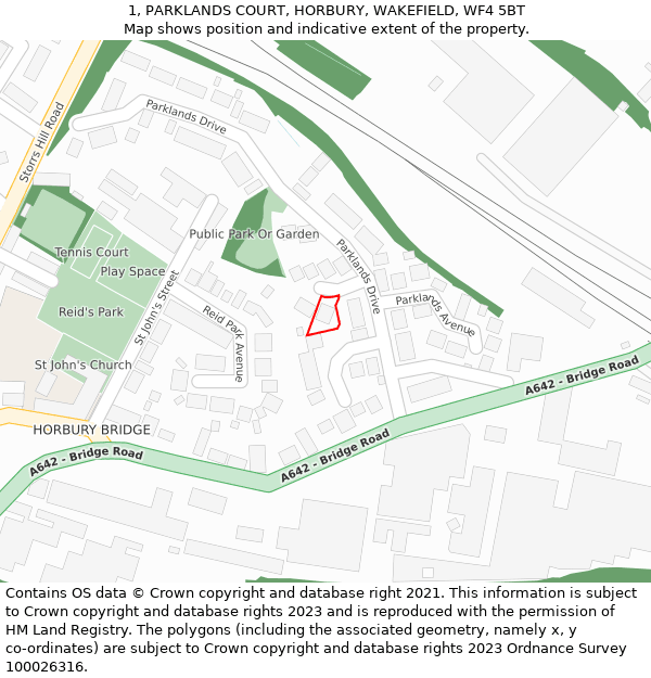 1, PARKLANDS COURT, HORBURY, WAKEFIELD, WF4 5BT: Location map and indicative extent of plot