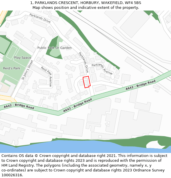 1, PARKLANDS CRESCENT, HORBURY, WAKEFIELD, WF4 5BS: Location map and indicative extent of plot